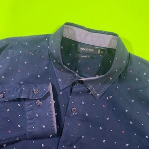 Nautica Mens XL Classic Fit Navy Blue Anchor Print Long Sleeve Button Down Shirt